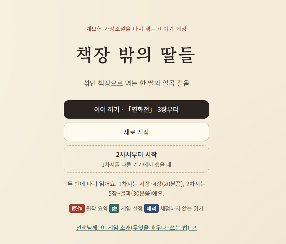 계모형 가정소설을 다시 엮는 이야기 게임 「책장 밖의 딸들」(고등 국어 · 2차시 · 휴대폰) 미리보기