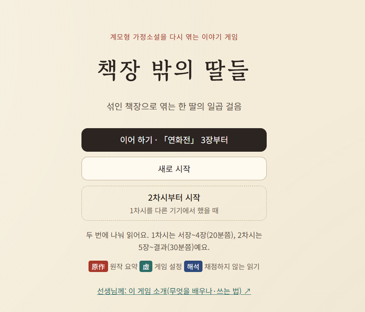 계모형 가정소설을 다시 엮는 이야기 게임 「책장 밖의 딸들」(고등 국어 · 2차시 · 휴대폰) 미리보기