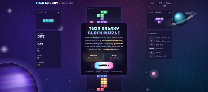 바이브코딩으로 만든 위아래 쌍둥이 블록 퍼즐 게임 – Twin Galaxy Block Puzzle 미리보기